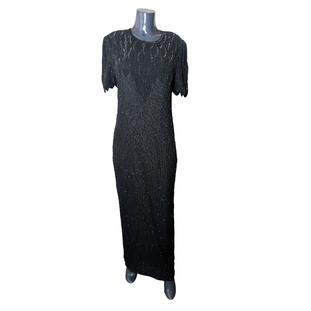 Vintage 80s 90s Dress L Black 100% Silk Beaded Sequined Maxi Gown Brilliante JA